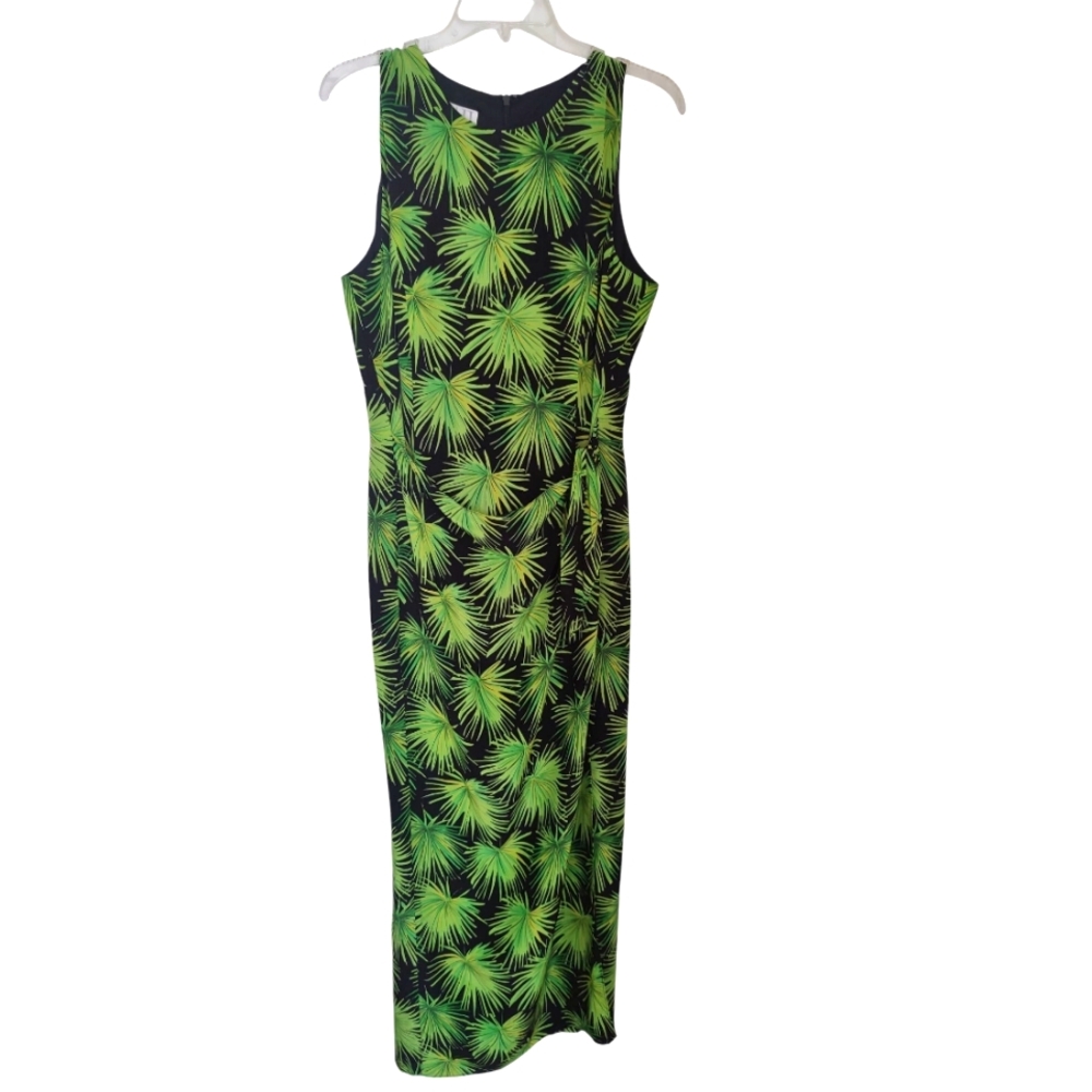 August Hale Silk Green And Black Leaf Print Dress